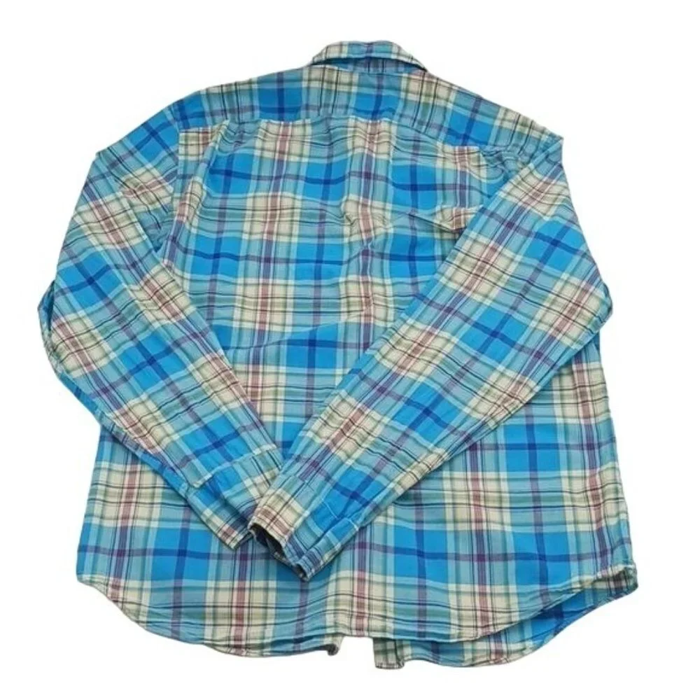 J Crew Mens L Summer Plaid Shirt Blue Button Down Long Sleeve Cotton Casual